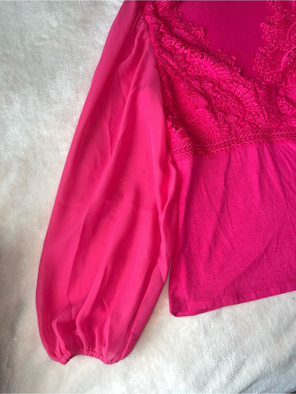 Boston Proper Hot Pink Scallop Lace V-Neck Long Sleeve Blouse Small - Picture 6 of 14